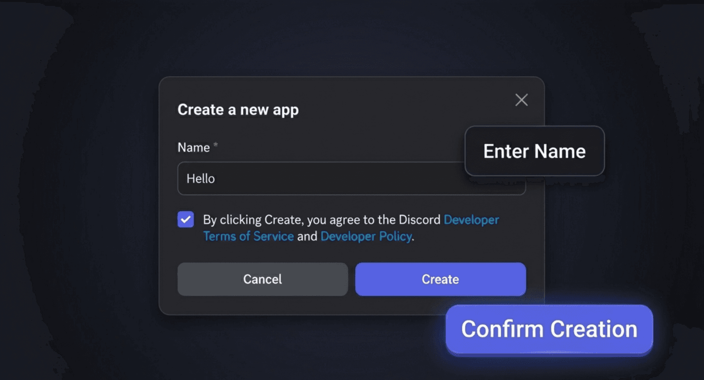 Create a new app dialog — enter name and click Create