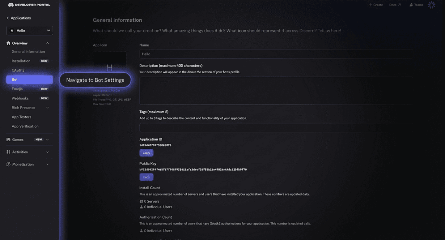 Developer Portal sidebar — navigate to Bot tab