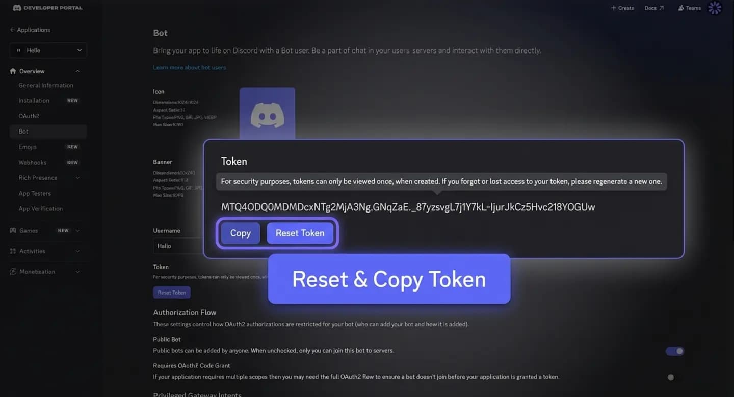 Bot settings — Reset Token and Copy